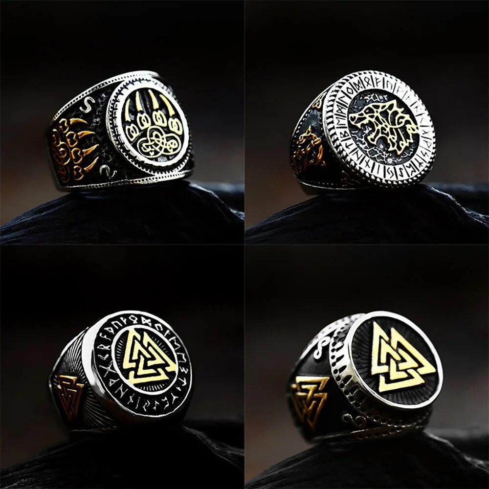 Men Biker Nordic Viking Rings Stainless Steel Retro Nordic Ethnic Belief Odin Viking Rune Ring Men Amulet Jewelry