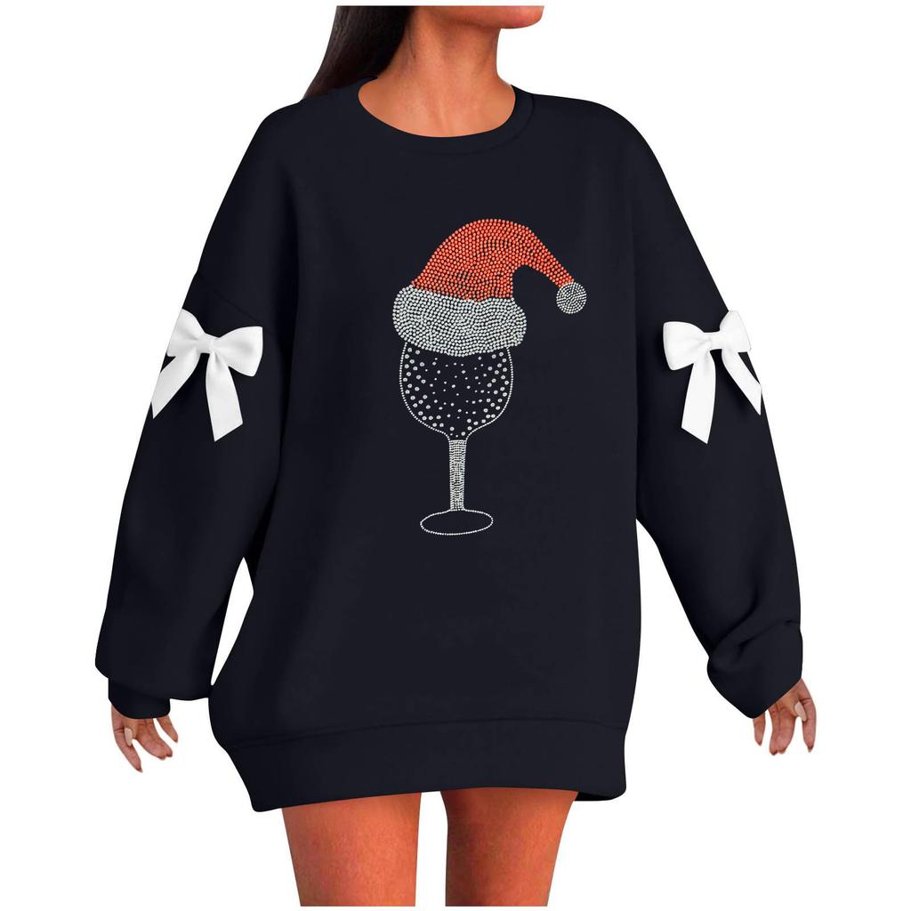 Ladies' Christmas Printed Bow Round Neck Long Sleeved Loose Pullover Sweater Sweatshirt Top