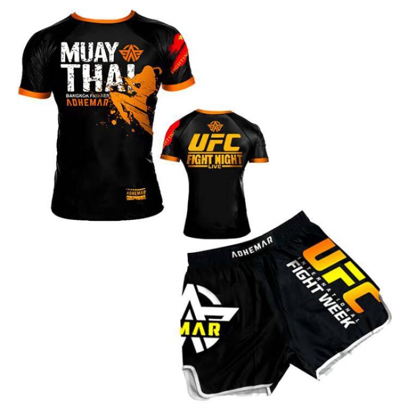 Mens Boxing Rash Guard Set UFC Training Short Sleeve Top Shorts MMA Kickboxing Gym