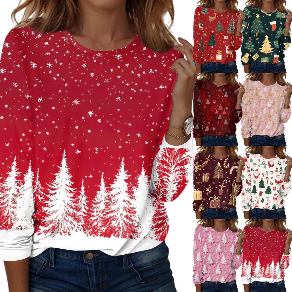 Women's Fashion Casual Christmas Printed Round Neck Long Sleeve Pullover Top