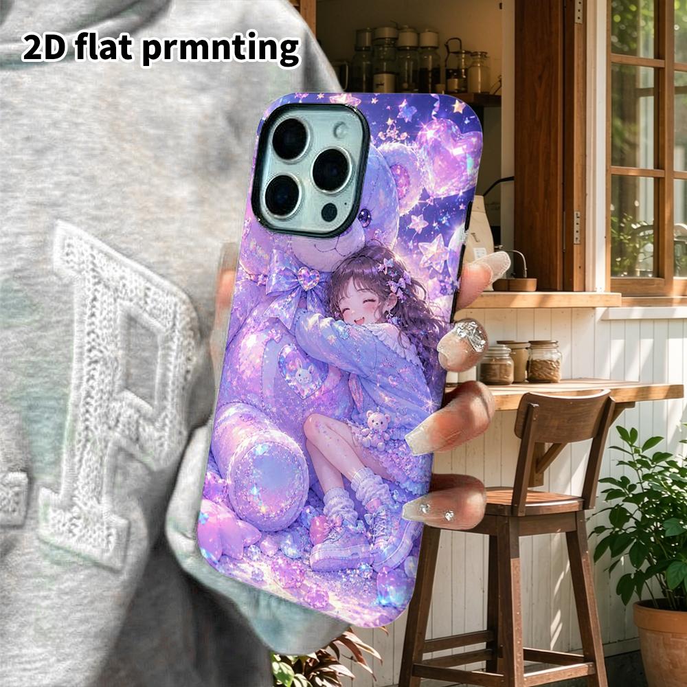 Phone Case: 2D flat design suitable for iPhone 18, 17, 16, 15, 14, 13 Pro film protective case, couple style, giant bear and girl, Christmas and Hallo