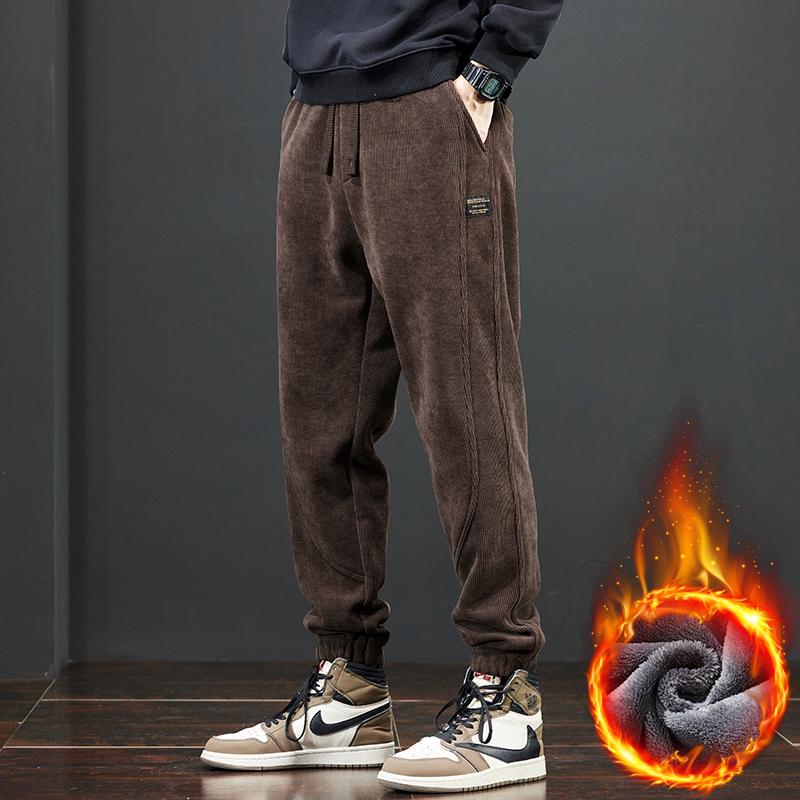Мужские вельветовые спортивные штаны на флисовой подкладке на зиму 2025: Плотные повседневные хлопковые брюки для осени и зимы