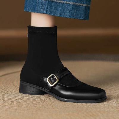 Флок Зима Квадратный Носок Современный Размер 33 Ботинки Размер 43 Металлическая Пряжка Средний Каблук Молния Женские Ботильоны