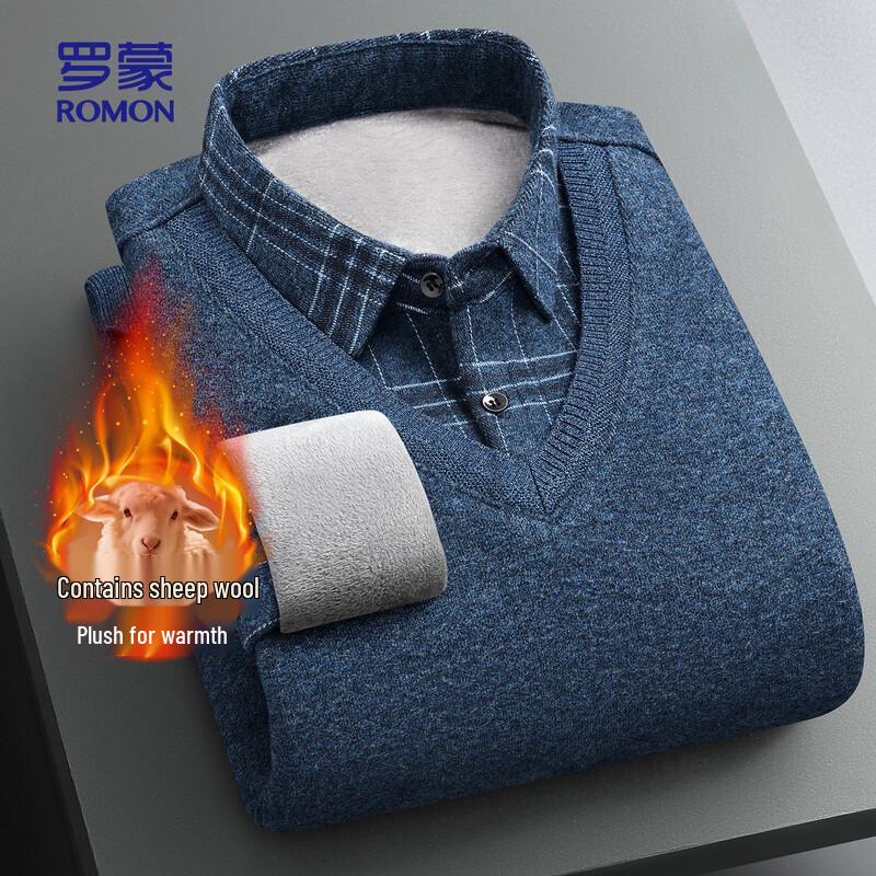 ROMON Мужской вязаный свитер из смесовой шерсти с флисовой подкладкой и воротником-поло