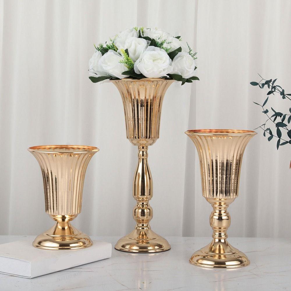European Style Wedding Flower Vase Golden Dried Flower Pot Metal Trumpet Vases Living Room