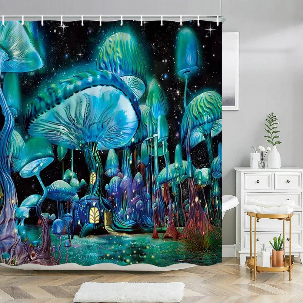 Фэнтезийные грибные шторы для душа Сказочный лес Дерево Готическая панель Джунгли Зеленый Дзен Река Декор для ванной комнаты Штора для душа с крючками