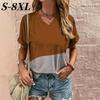 S-8XL Футболка размера плюс для женщин, летние ретро-топы с V-образным вырезом, футболки, модная повседневная футболка с коротким рукавом, женская одежда, пуловер