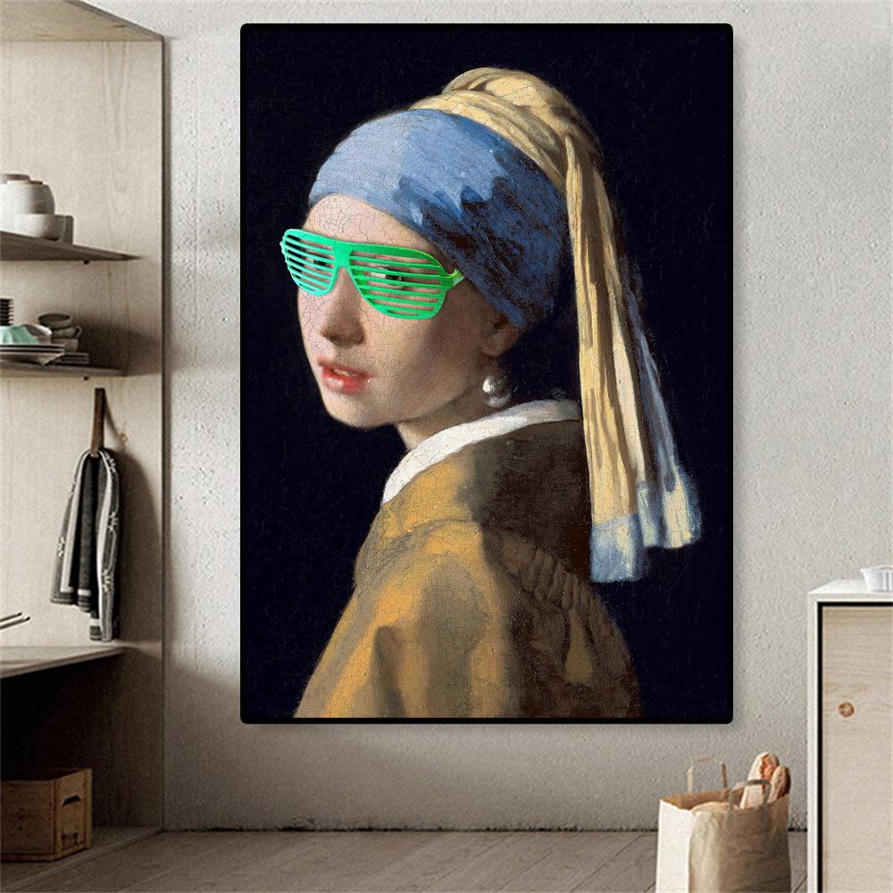 Banksy Style Print Altered Wall Art Girl with a Pearl Earring Poster Vintage Portrait Funny Canvas Painting Gallery Home Room