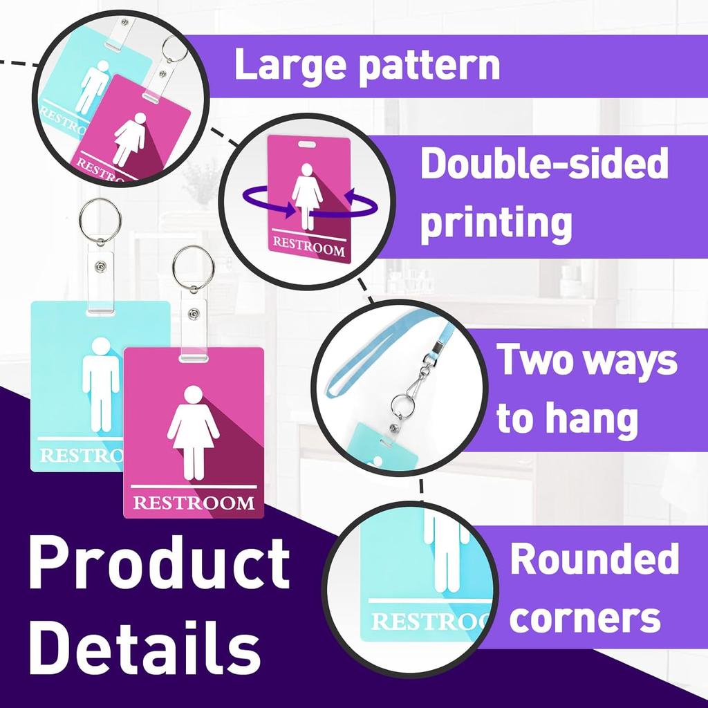 10 PCS Bathroom Passes for Classrooms Include Key Holder and Lanyard, Pink and Blue Bathroom Pass for Women Men, Bathroom Key Chain for Business