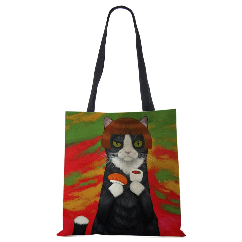 Сумка на плечо повседневная с милым принтом кошки, женская, для покупок, многоразовая, большая вместимость, холщовая, для путешествий, школы, пляжа, тоут-сумка CLE