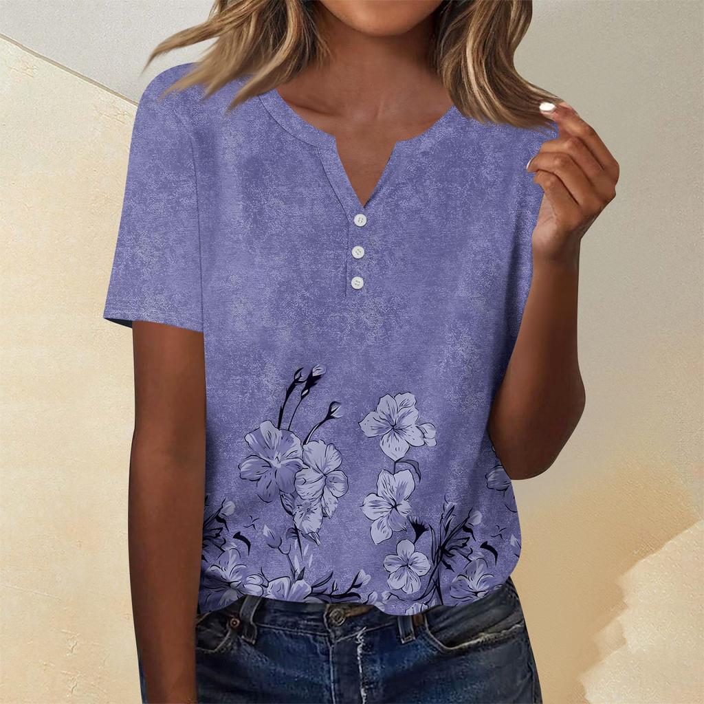 Женская мода повседневный короткий рукав цветочный принт топ
