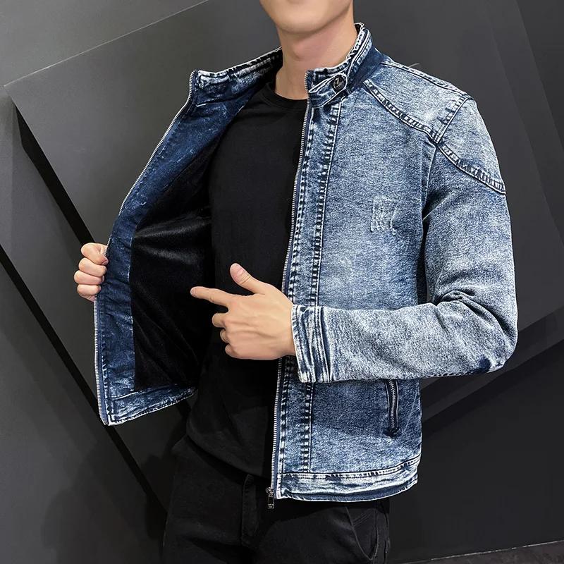 Модные зимние джинсовые куртки для мужчин, верхняя одежда, теплые джинсовые пальто, мужские ретро-узкие джинсовые куртки на молнии, более плотные джинсовые куртки