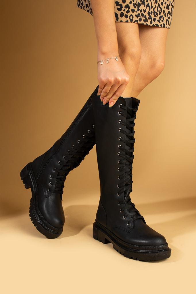 Удобные женские ботинки ниже колена на толстой подошве со шнуровкой и молнией 59-904-24