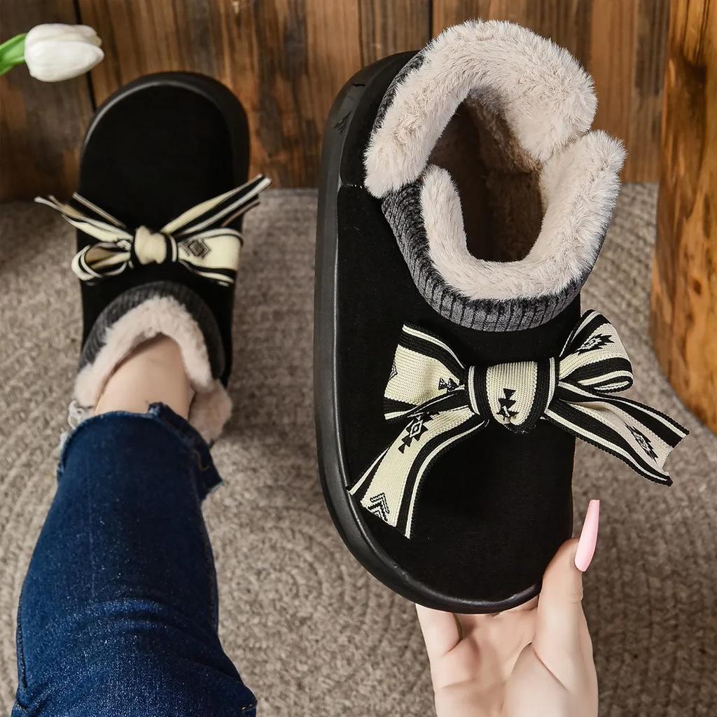 Fashion Snow Boots Women 2024 Winter New Bow Wrap with Cotton Shoes Warm Plus Fleece Flat Woolen Cotton Shoes