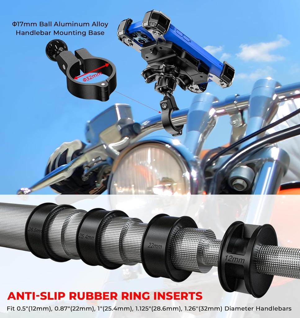 Motorcycle Phone Mount with Vibration Dampener, 1s Lock Bike Phone Holder with Aluminum Alloy Handlebar Mounting Base, One-Handed Operation