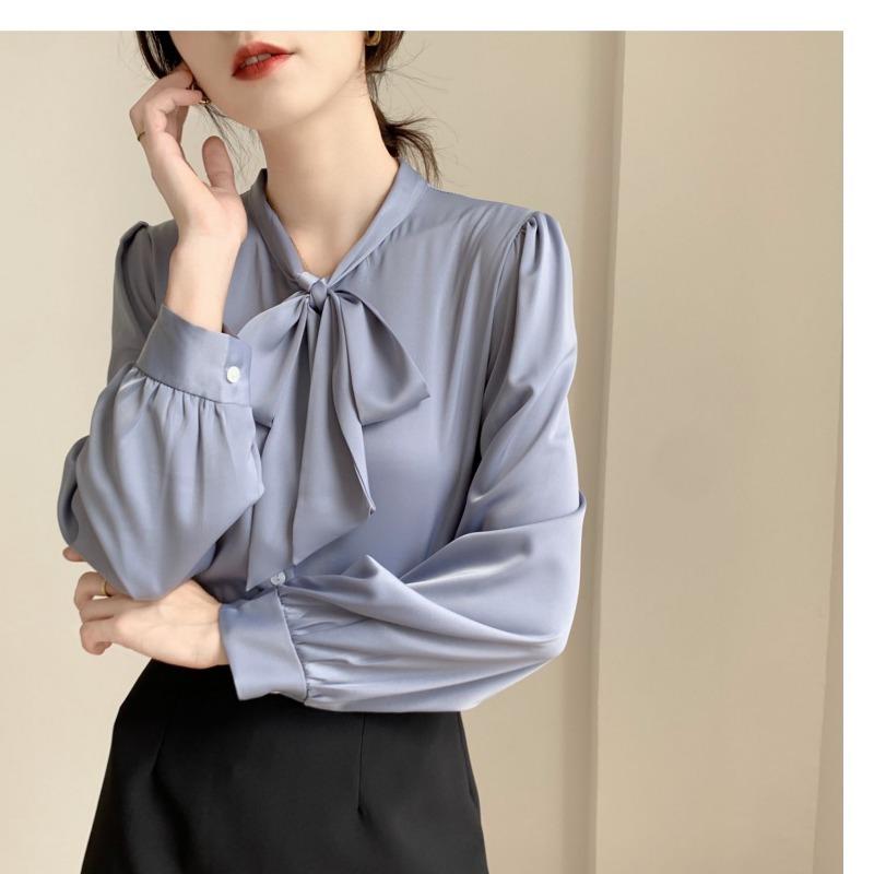 Модная элегантная женская рубашка с длинным рукавом и галстуком-бабочкой, весна-осень, свободная повседневная простая блузка больших размеров для офиса, женская одежда 2024 года, новая однотонная одежда 2585
