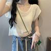 Big U-neck White Knitted Short Sleeved T-shirt for Women In Summer with Loose Design Niche Collarbone Exposed Short Top