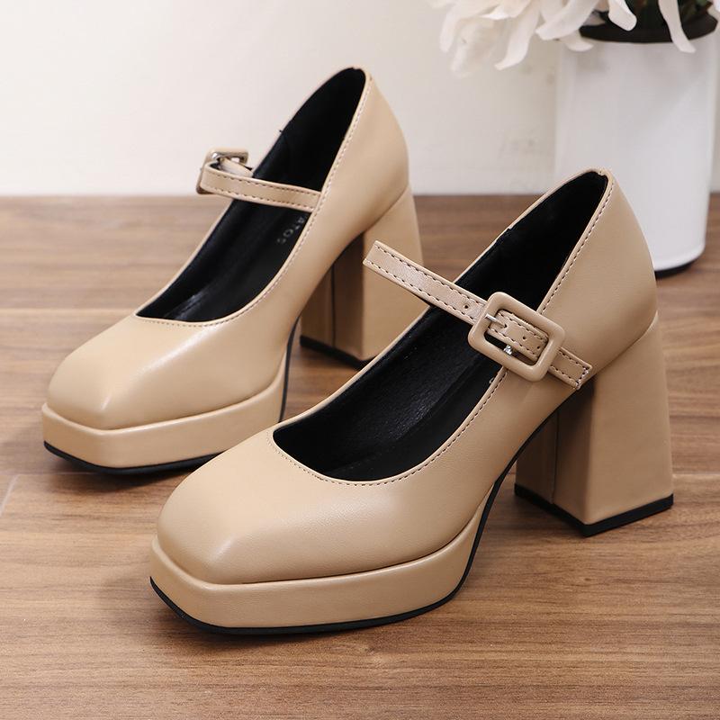 Туфли Мэри Джейн женские весна и осень 2024 новые однословные с квадратным носком водонепроницаемые на платформе с мелким вырезом одинарные туфли большого размера на высоком каблуке женские