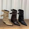 Женские зимние ботинки с острым носком, дизайнерские полусапожки на среднем каблуке, элегантные туфли-лодочки, модные ботинки, новый тренд, платье, готические женские ботинки