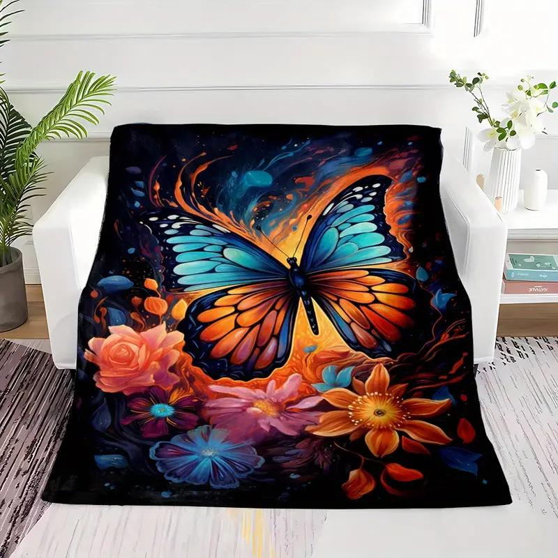 Butterfly with two-color wings flying among flowers Flannel blanket suitable for bedding, office, home, camping, warm, sofa, bed