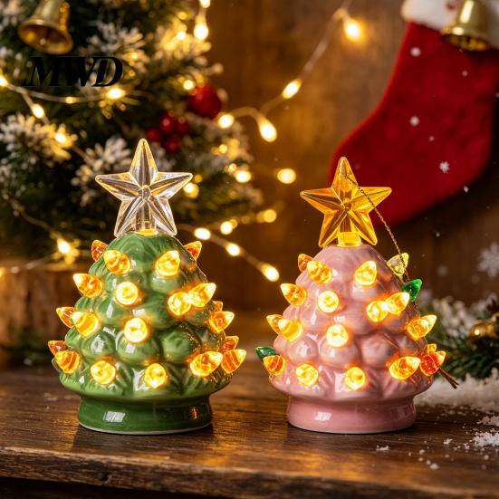 Office Desk Holiday Decorations Christmas Tree Ornament, Glowing Retro Resin Tabletop Decor with Star Mini Topper, Vintage Xmas Trees Night Light for