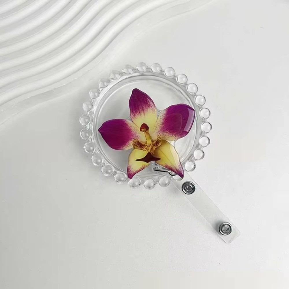 Acrylic Resin ID Card Badge Holder Clip Orchid Design Orchid ID Badge For Women
