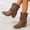 Women's Fashionable Mid Length Fashion Boots In Plus Size Retro Thick Heel Tassel V-neck Simple Comfortable Women's Boots