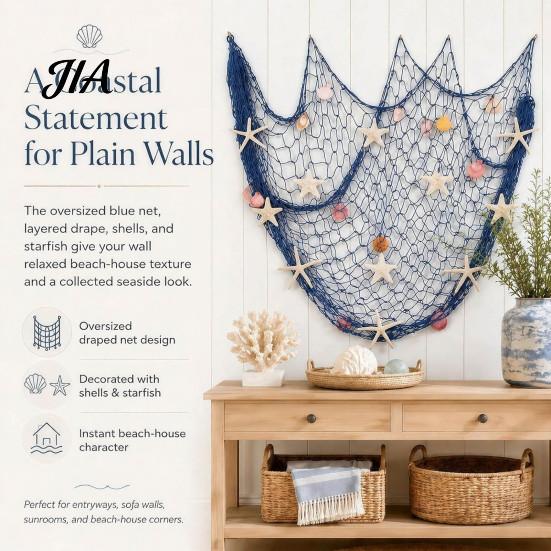Ocean Inspired Backdrop Fishing Net Wall Decoration, Lighted Coastal Art, Light-Up Decorative Theme Room Decorations Netting Hanging for Beach