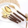 Wooden Handle With Stainless Steel Dinnerware Set Silver Gold Cutlery Dinner Teaspoon Cake Fork Thick Handle Daily Use