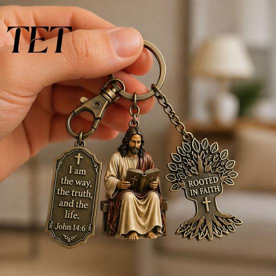 Tree of Life Pendant 3-In-1 Jesus Reading Keychain, Vintage Man Scripture Baptismal Keychain Car Key Ring Handbag Charm, Gift for Christian
