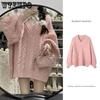 Women's Loose Sweater Sweet Pink V-neck Jumper Thicken and Keep Warm Soft Glutinous Rice Knitted Pullover Preppy Style Autumn Winter