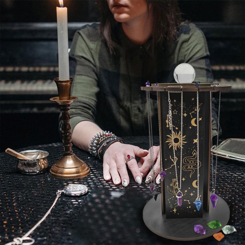 Rotating Crystal Display Stand, 360Degree Rotatable Base, Zodiac Sign Wood Pendulum Holder for Home and Office Decors