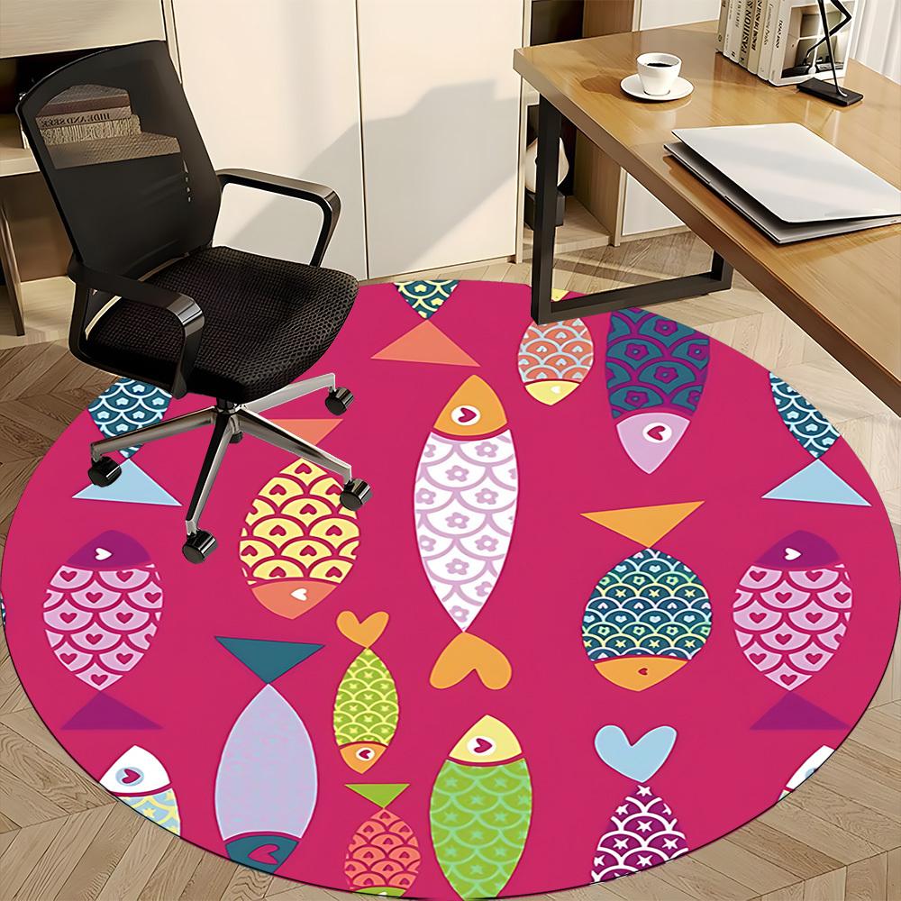 1pc Fishes Pattern Office Round Area Rug, Indoor Mat Suitable For Office, Under Office Chairs Bedroom Living Room Home Decor, Room Deco 045