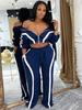 European & American Striped Patchwork Two-Piece: Zipper Lapel Top & Wide-Leg Pants Set for Women
