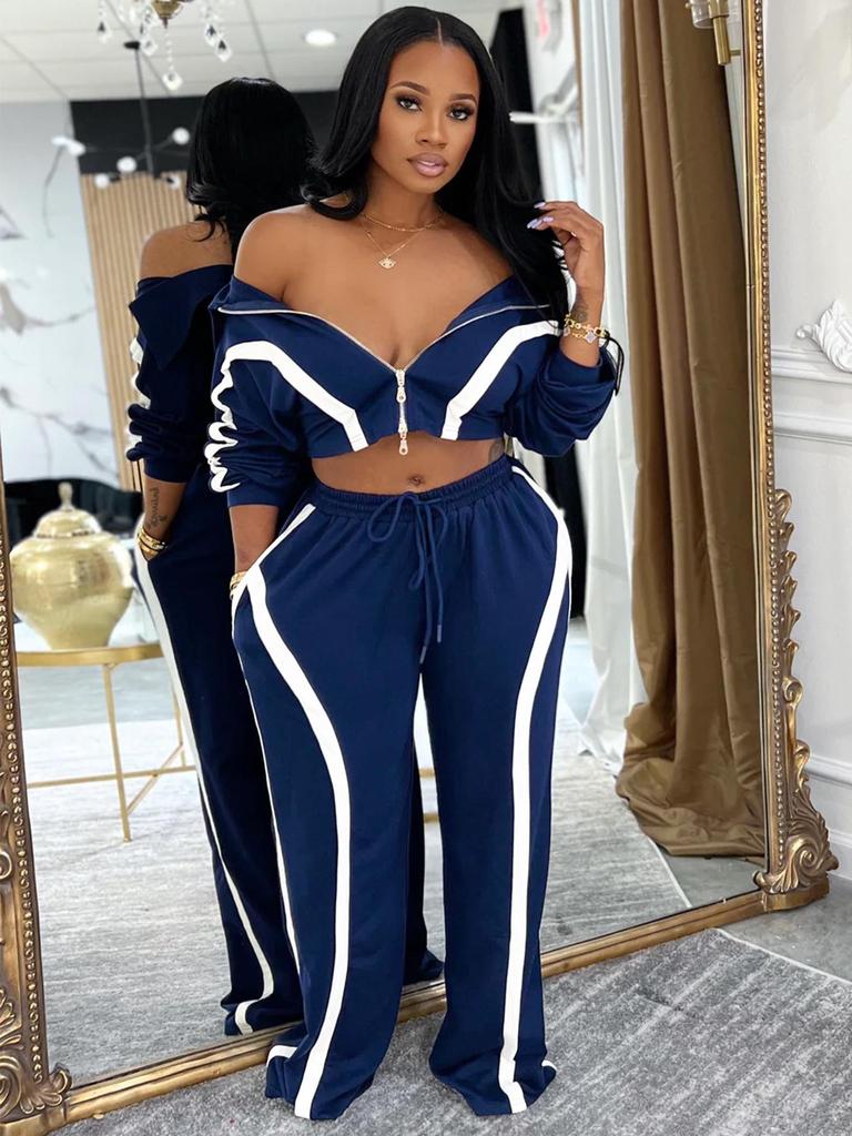 European & American Striped Patchwork Two-Piece: Zipper Lapel Top & Wide-Leg Pants Set for Women