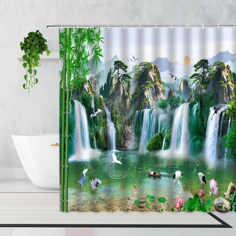 Zen Bamboo Forest Shower Curtain Summer Forest Jungle Waterfall Rock Nature Scenery Bath Curtains Set Green Landscape Bathroom