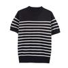 Kaslead New Women clothes Western Style Fashion Simple and Versatile Stripe Pullover round Neck Short sleeve Top