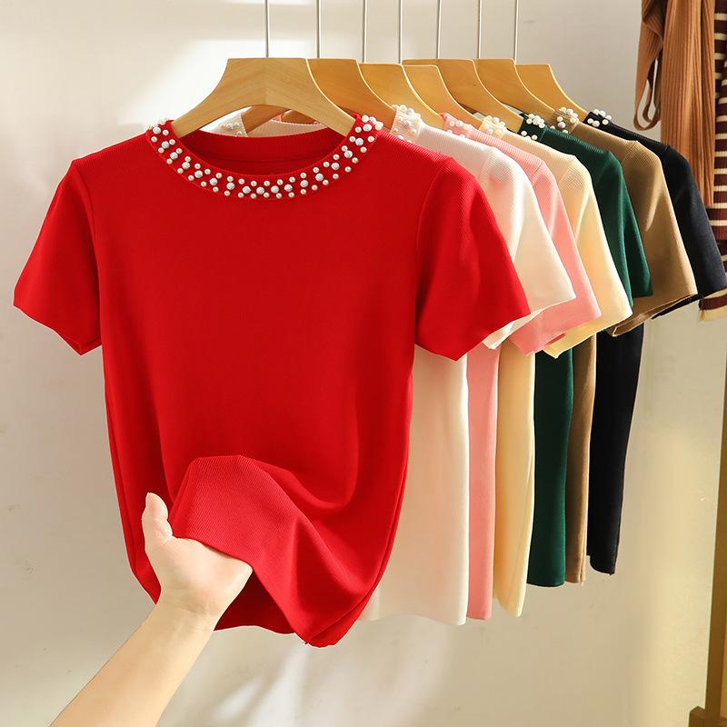 Women's Summer Design Knit T-Shirt Solid Color Short Sleeve Simple Top