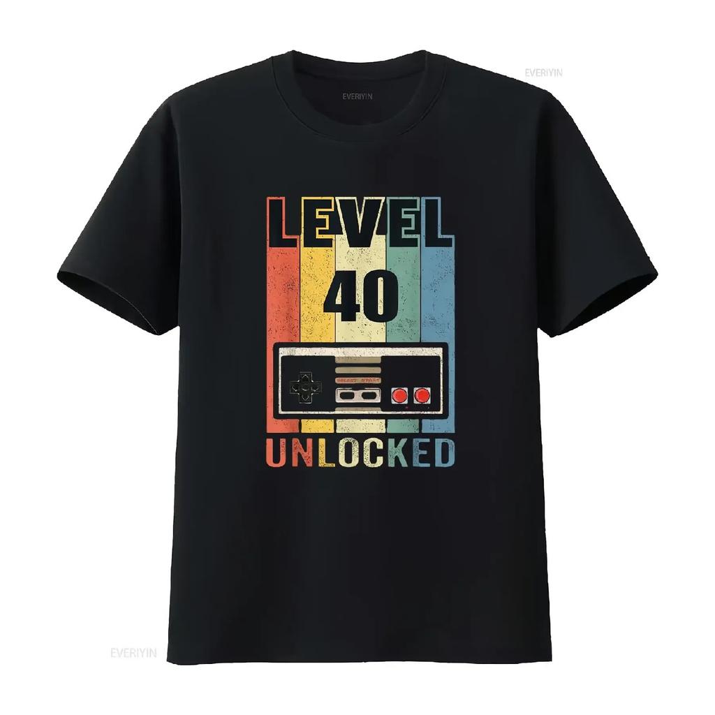 Mens Level 40 Unlocked T Shirt Video Gamer 40th Birthday s Black vintage Washed Top For Everyday Wear Slightly streetwear