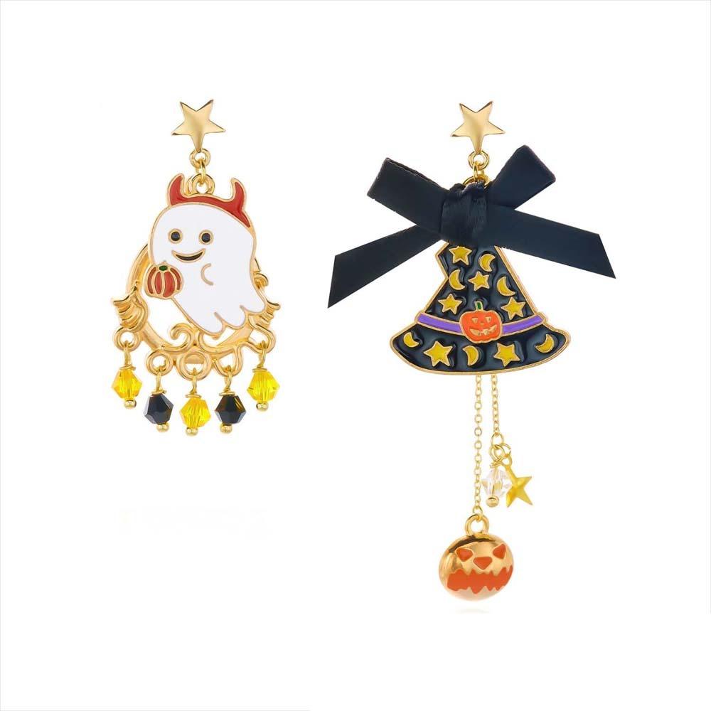 Beaded Asymmetric Dangle Earrings Enamel Metal Witch Hat Ear Studs Holiday Gift