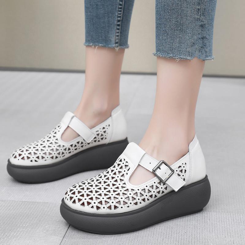 Женские сандалии из натуральной кожи с закрытым носком, летние сандалии на платформе с открытым носком, женская обувь ручной работы на танкетке для отдыха