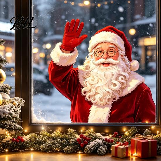 Santa Claus Decorations Christmas Static Window Clings, Waving Stickers, No?Glue Removable Decorative Gifts Glass Decal for Balcony Home Shop