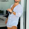 Men Long Sleeve Mesh Sheer Thin Leotard  Pajamas Jumpsuit Homewear Brief Romper Underwear