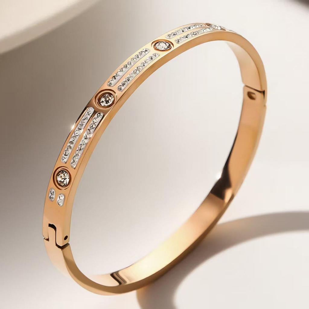 Elegant Roman Numeral Intertwined Titanium Steel Bracelet for Women - Diamond Inlaid, Double Layer, Colorfast Jewelry