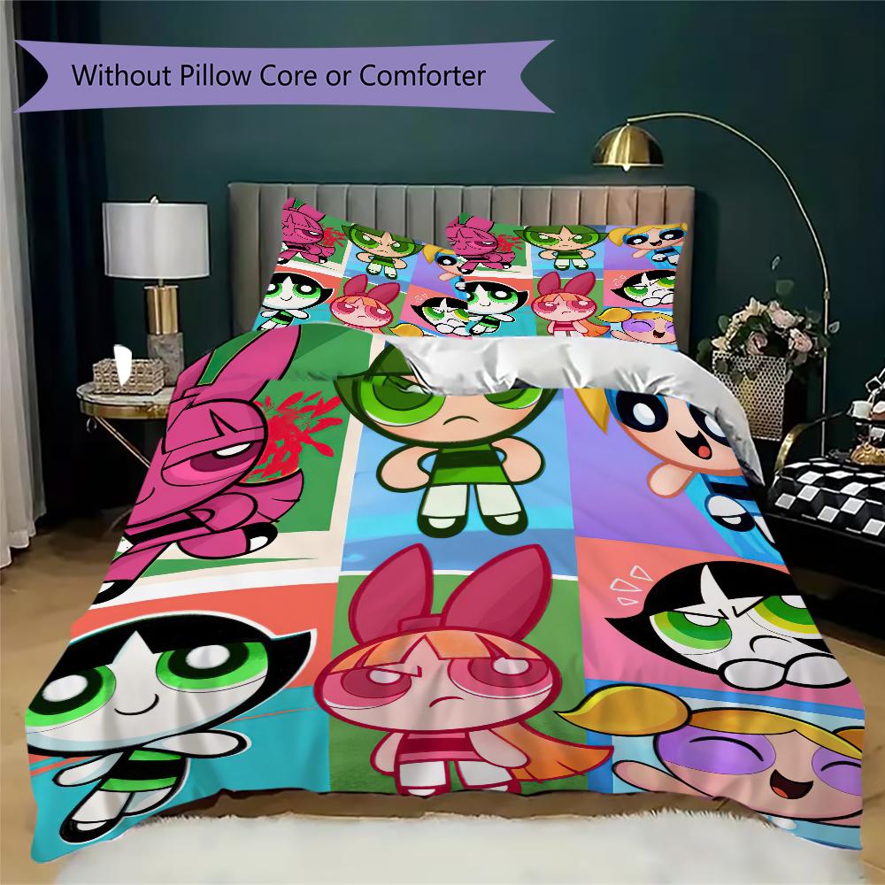 1PC The Powerpuff Girls Bedding Quilt Set Quilt Cover Pillowcase Home Decoration Birthday Gift (1 * duvet cover + 2 * pillowcase, without core)A13