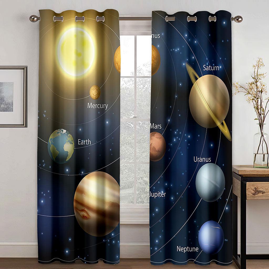 3D-принт с рисунком в виде мультяшного космоса, галактики и звезд, тонкая полузатеняющая оконная занавеска для детской спальни для мальчиков, гостиной, дома, крючком