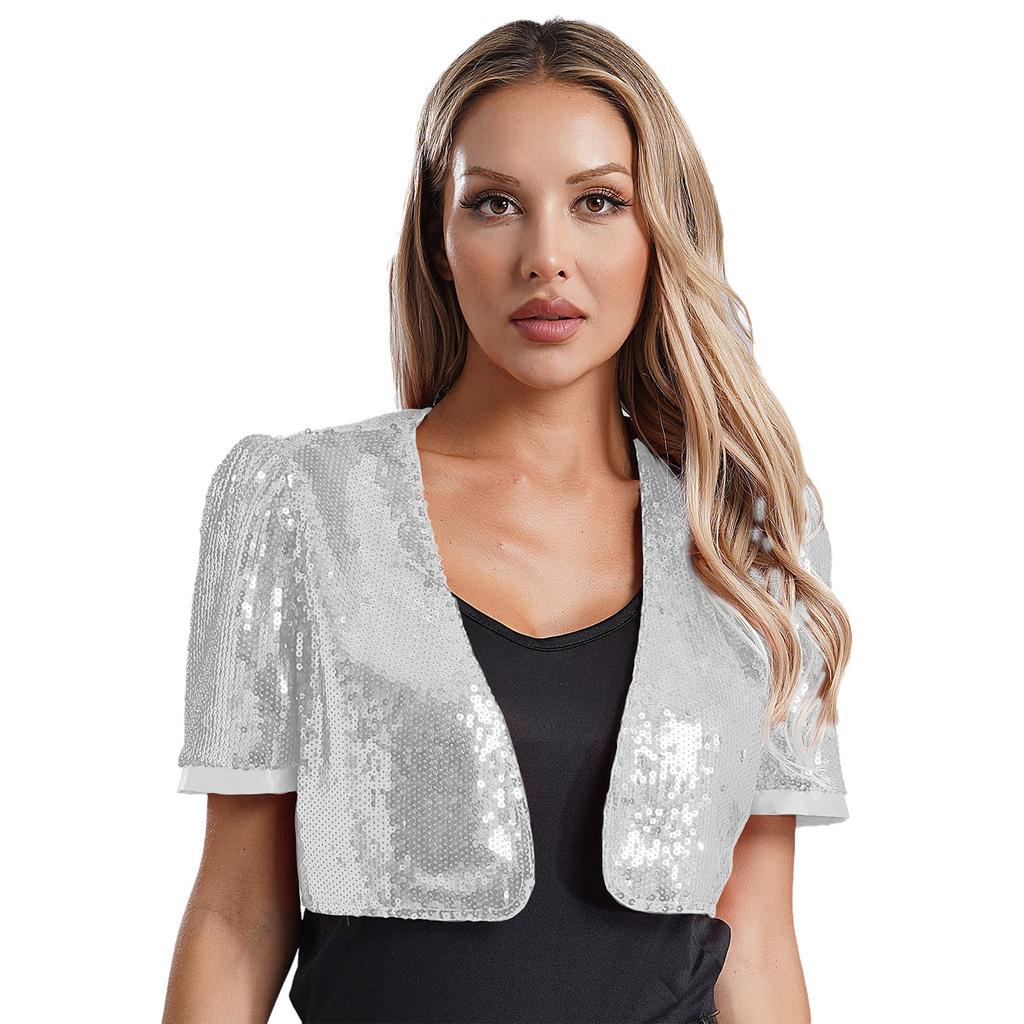 Womens Glitter Sequin Crop Jacket Short Sleeve Open Front Shiny Clubwear Party Outerwear Evening Cover Up