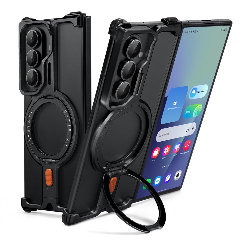 Металлическая магнитная чехол-книжка Oatsbasf для Samsung Galaxy Z Fold 7 с подставкой, вращающейся на 360°, для беспроводной зарядки Magsafe, безрамный