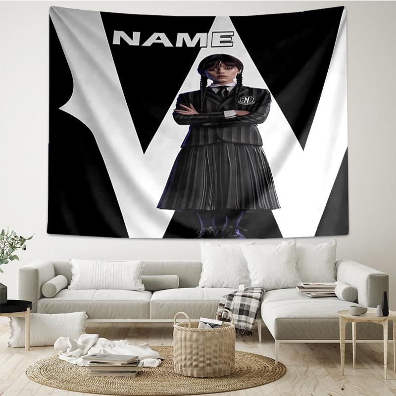 Custom Name Wednesday Print Tapestry, Backdrop, Easy Setup, Ideal for Bedroom, Office & Living Room, with Aesthetic Wall Hanging Decor.