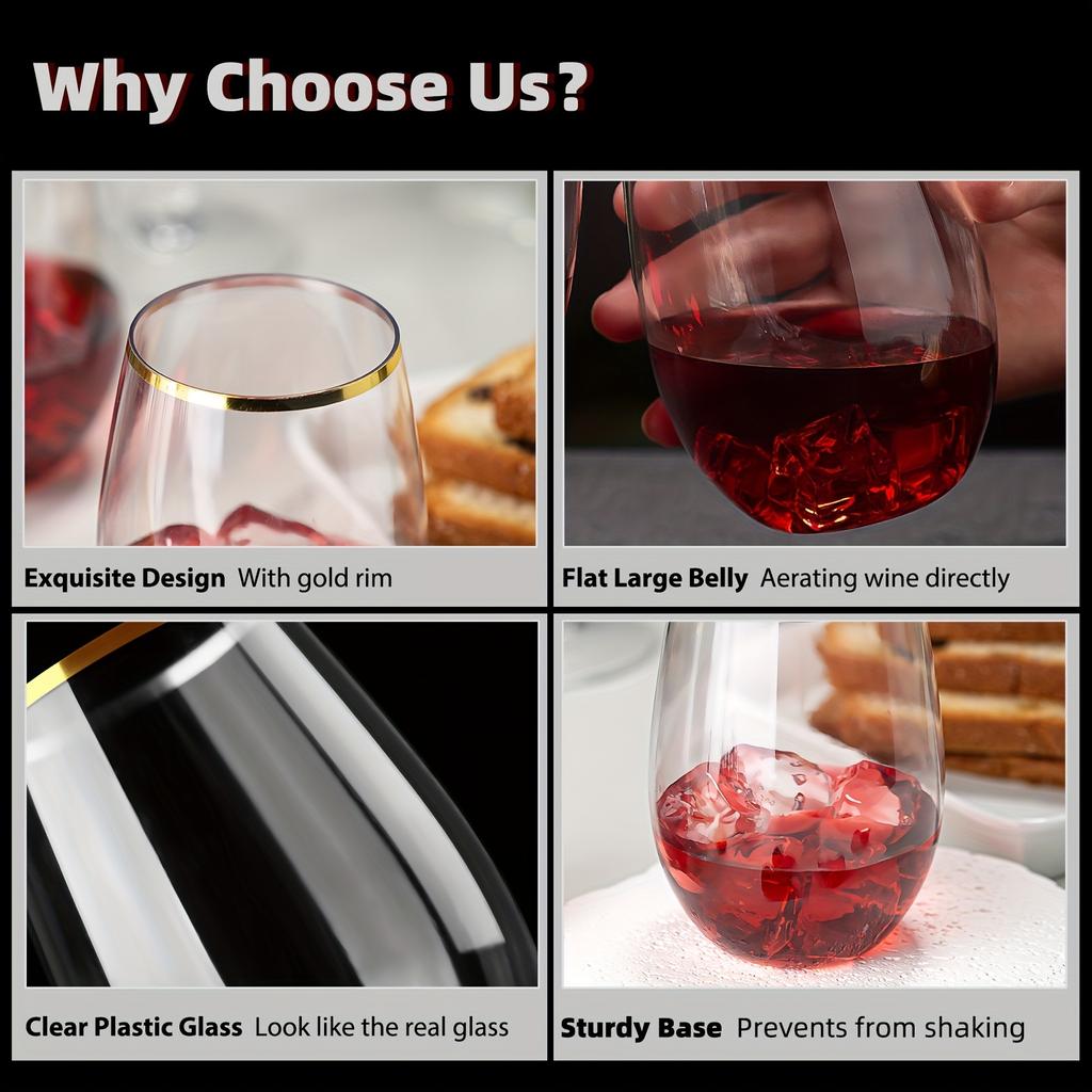 24шт. Пластиковые бокалы для вина, комбинированные (12 пластиковых бокалов для вина по 16 унций и 12 пластиковых фужеров для шампанского по 9 унций) Прозрачные одноразовые золотые диски без ножки Unbreaka